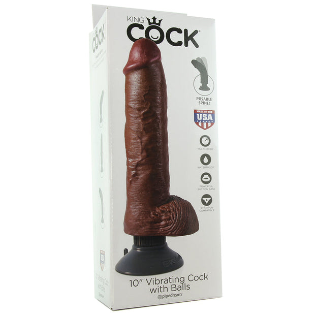 King Cock 10 Inch Vibrating Dildo with Balls in Brown